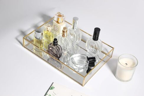 Feyarl Gold Glass Perfume Tray Mirror Vanity Jewelry Trinket Magazine Photo Organizer Ornate Cosmetic Makeup Display Decorative Coffee Table Tray for Home Decor Dresser Tabletop （11.8" x 8"） in Saudi Arabia