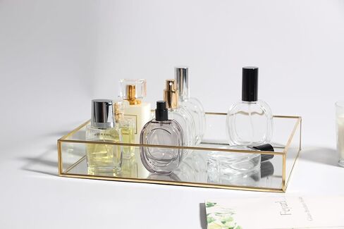 Feyarl Gold Glass Perfume Tray Mirror Vanity Jewelry Trinket Magazine Photo Organizer Ornate Cosmetic Makeup Display Decorative Coffee Table Tray for Home Decor Dresser Tabletop （11.8" x 8"） in Saudi Arabia