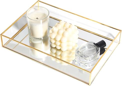 Feyarl Gold Glass Perfume Tray Mirror Vanity Jewelry Trinket Magazine Photo Organizer Ornate Cosmetic Makeup Display Decorative Coffee Table Tray for Home Decor Dresser Tabletop （11.8" x 8"） in Saudi Arabia