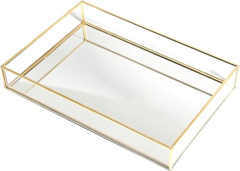 Feyarl Gold Glass Perfume Tray Mirror Vanity Jewelry Trinket Magazine Photo Organizer Ornate Cosmetic Makeup Display Decorative Coffee Table Tray for Home Decor Dresser Tabletop （11.8" x 8"） in Saudi Arabia