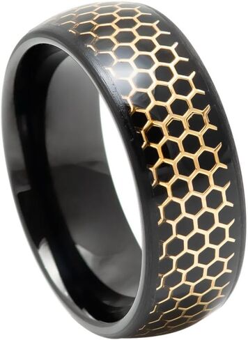 8mm Black Tungsten Ring with Gold Honeycomb Inlay – Modern Hexagonal Pattern, Comfort Fit Wedding Band for Men – Scratch Resistant & Hypoallergenic. in Saudi Arabia