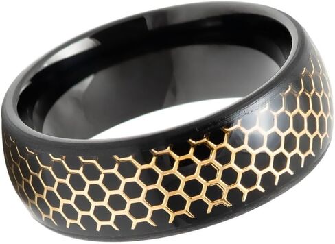 8mm Black Tungsten Ring with Gold Honeycomb Inlay – Modern Hexagonal Pattern, Comfort Fit Wedding Band for Men – Scratch Resistant & Hypoallergenic. in Saudi Arabia