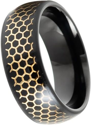 8mm Black Tungsten Ring with Gold Honeycomb Inlay – Modern Hexagonal Pattern, Comfort Fit Wedding Band for Men – Scratch Resistant & Hypoallergenic. in Saudi Arabia