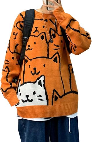 Men Women Kawaii Cat Knit Sweatshirt Cute Japanese Anime Meow Graphic Sweater Preppy Cartoon Loose Pullover Streetwear in Kuwait