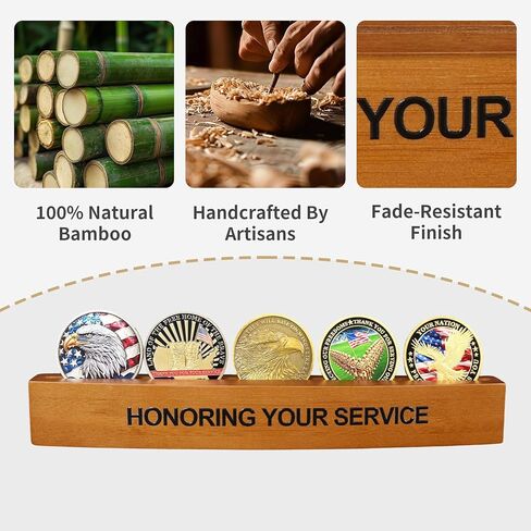 Bamboo Small Challenge Coin Holder, Military Coins Holder Display Holds 5 Coins, HONORING YOUR SERVICE Coin Display Stand for Desk in Saudi Arabia