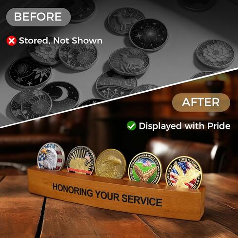 Bamboo Small Challenge Coin Holder, Military Coins Holder Display Holds 5 Coins, HONORING YOUR SERVICE Coin Display Stand for Desk in Saudi Arabia