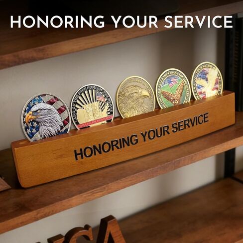 Bamboo Small Challenge Coin Holder, Military Coins Holder Display Holds 5 Coins, HONORING YOUR SERVICE Coin Display Stand for Desk in Saudi Arabia