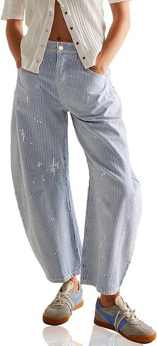 Striped Barrel Jeans for Women Trendy Cropped High Waisted Wide Leg Loose Denim Pants 2026 in Saudi Arabia