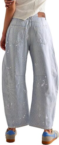 Striped Barrel Jeans for Women Trendy Cropped High Waisted Wide Leg Loose Denim Pants 2026 in Saudi Arabia