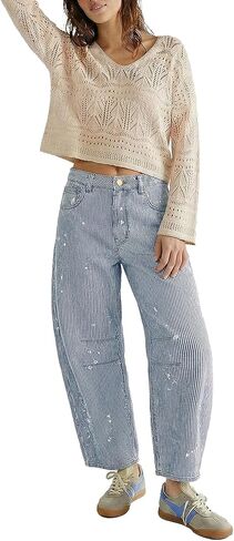 Striped Barrel Jeans for Women Trendy Cropped High Waisted Wide Leg Loose Denim Pants 2026 in Saudi Arabia