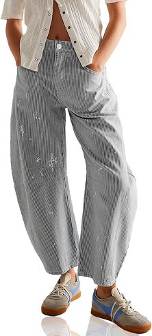 Striped Barrel Jeans for Women Trendy Cropped High Waisted Wide Leg Loose Denim Pants 2026 in Saudi Arabia