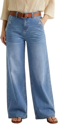 Dokotoo Women's Casual Mid Waisted Distressed Straight Wide Leg Stretchy Jeans Baggy Denim Pants in Saudi Arabia