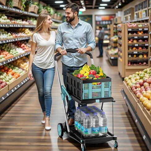 عربة تسوق قابلة للطي بعجلات، عربة بقالة بسعة 200 رطل مع صندوق تخزين واحد، عربات متعددة الوظائف قابلة للطي مع فرامل قدم للبقالة/المكتب/المستودع/السوبر ماركت، أزرق in Kuwait