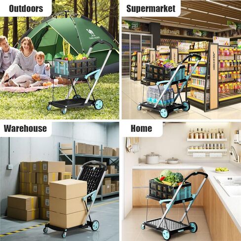 عربة تسوق قابلة للطي بعجلات، عربة بقالة بسعة 200 رطل مع صندوق تخزين واحد، عربات متعددة الوظائف قابلة للطي مع فرامل قدم للبقالة/المكتب/المستودع/السوبر ماركت، أزرق in Kuwait