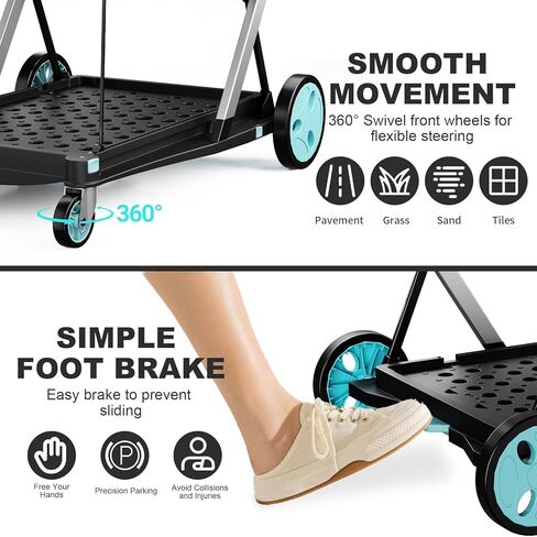 عربة تسوق قابلة للطي بعجلات، عربة بقالة بسعة 200 رطل مع صندوق تخزين واحد، عربات متعددة الوظائف قابلة للطي مع فرامل قدم للبقالة/المكتب/المستودع/السوبر ماركت، أزرق in Kuwait