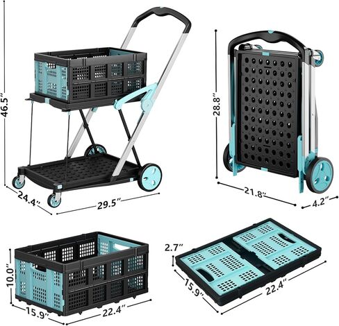 عربة تسوق قابلة للطي بعجلات، عربة بقالة بسعة 200 رطل مع صندوق تخزين واحد، عربات متعددة الوظائف قابلة للطي مع فرامل قدم للبقالة/المكتب/المستودع/السوبر ماركت، أزرق in Kuwait