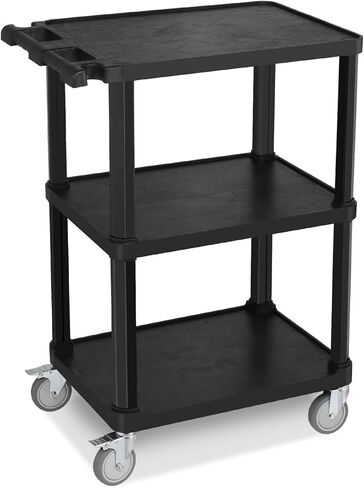 3-Tier Plastic Flat Utility Cart, Commercial Rolling Service Cart on Wheels with Braker, Multi-Function Handle and Large Capacity Storage, Perfect for Warehouse Garage Office, Black in Saudi Arabia