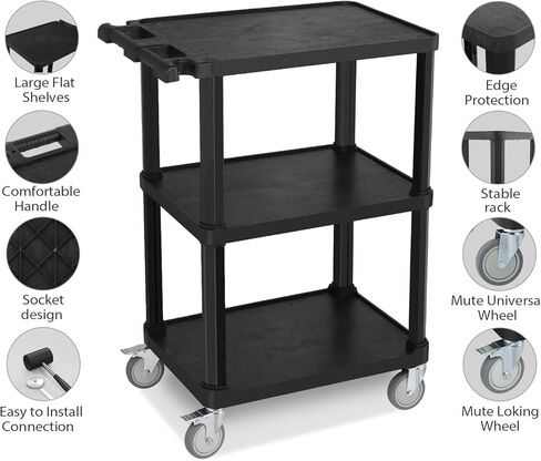 3-Tier Plastic Flat Utility Cart, Commercial Rolling Service Cart on Wheels with Braker, Multi-Function Handle and Large Capacity Storage, Perfect for Warehouse Garage Office, Black in Saudi Arabia