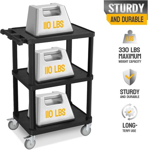3-Tier Plastic Flat Utility Cart, Commercial Rolling Service Cart on Wheels with Braker, Multi-Function Handle and Large Capacity Storage, Perfect for Warehouse Garage Office, Black in Saudi Arabia