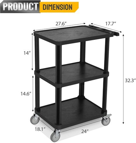 3-Tier Plastic Flat Utility Cart, Commercial Rolling Service Cart on Wheels with Braker, Multi-Function Handle and Large Capacity Storage, Perfect for Warehouse Garage Office, Black in Saudi Arabia