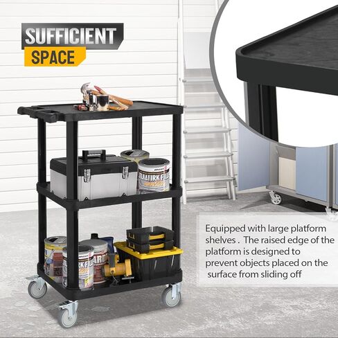 3-Tier Plastic Flat Utility Cart, Commercial Rolling Service Cart on Wheels with Braker, Multi-Function Handle and Large Capacity Storage, Perfect for Warehouse Garage Office, Black in Saudi Arabia