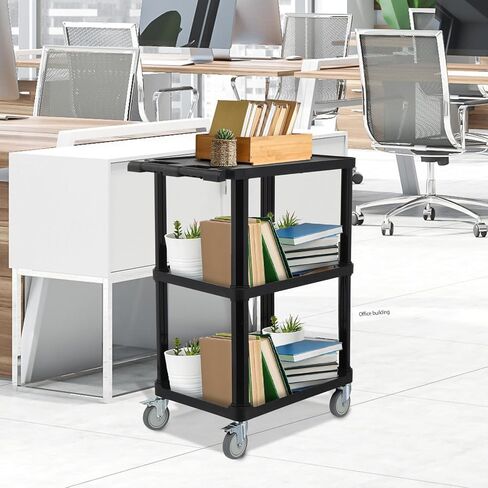 3-Tier Plastic Flat Utility Cart, Commercial Rolling Service Cart on Wheels with Braker, Multi-Function Handle and Large Capacity Storage, Perfect for Warehouse Garage Office, Black in Saudi Arabia