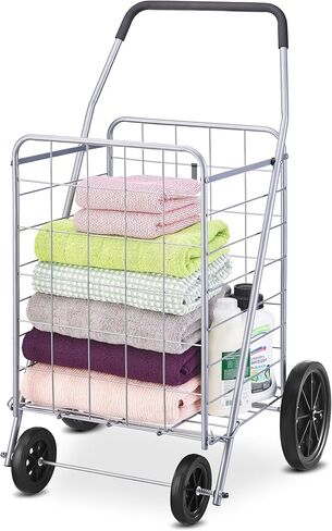 Whitmor Deluxe Utility Foldable Shopping Cart with Wheels, 100 Lb Capacity, Heavy Duty Grocery Cart with Steel Frame, Foam Handle, Rolling Folding Utility Trolley for Grocery, Laundry, Travel, Gray in Saudi Arabia