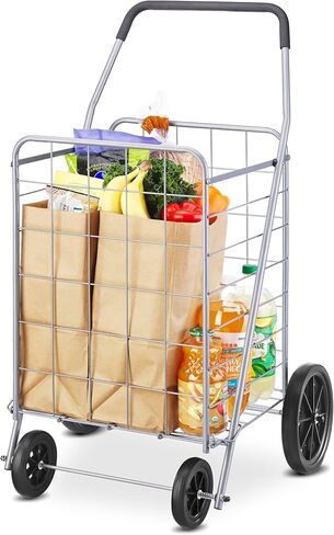 Whitmor Deluxe Utility Foldable Shopping Cart with Wheels, 100 Lb Capacity, Heavy Duty Grocery Cart with Steel Frame, Foam Handle, Rolling Folding Utility Trolley for Grocery, Laundry, Travel, Gray in Saudi Arabia