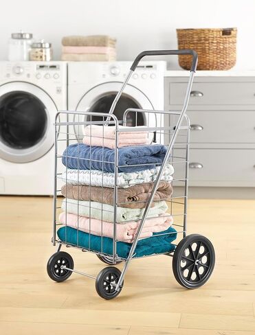 Whitmor Deluxe Utility Foldable Shopping Cart with Wheels, 100 Lb Capacity, Heavy Duty Grocery Cart with Steel Frame, Foam Handle, Rolling Folding Utility Trolley for Grocery, Laundry, Travel, Gray in Saudi Arabia
