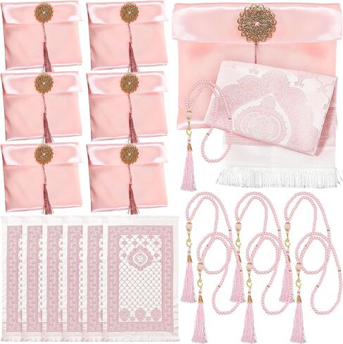 Dunzy 6 Sets Pink Muslim Prayer Mat Rug with Prayer Beads and Portable Bag Muslim Gift for Women Men, Tasbih, Janamaz, Mubarak Islamic Gift, Eid Ramadan Party, Sajadah for Ramadan Eid Hajj Travel Pray in Saudi Arabia