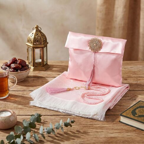 Dunzy 6 Sets Pink Muslim Prayer Mat Rug with Prayer Beads and Portable Bag Muslim Gift for Women Men, Tasbih, Janamaz, Mubarak Islamic Gift, Eid Ramadan Party, Sajadah for Ramadan Eid Hajj Travel Pray in Saudi Arabia