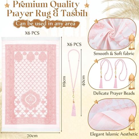 Dunzy 6 Sets Pink Muslim Prayer Mat Rug with Prayer Beads and Portable Bag Muslim Gift for Women Men, Tasbih, Janamaz, Mubarak Islamic Gift, Eid Ramadan Party, Sajadah for Ramadan Eid Hajj Travel Pray in Saudi Arabia