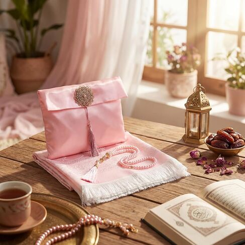 Dunzy 6 Sets Pink Muslim Prayer Mat Rug with Prayer Beads and Portable Bag Muslim Gift for Women Men, Tasbih, Janamaz, Mubarak Islamic Gift, Eid Ramadan Party, Sajadah for Ramadan Eid Hajj Travel Pray in Saudi Arabia