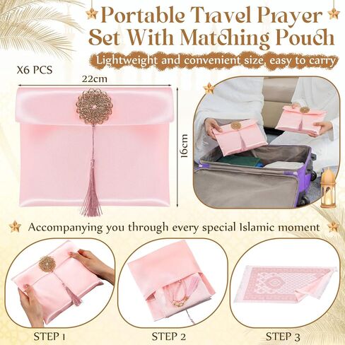Dunzy 6 Sets Pink Muslim Prayer Mat Rug with Prayer Beads and Portable Bag Muslim Gift for Women Men, Tasbih, Janamaz, Mubarak Islamic Gift, Eid Ramadan Party, Sajadah for Ramadan Eid Hajj Travel Pray in Saudi Arabia