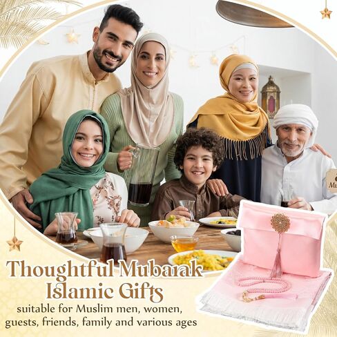 Dunzy 6 Sets Pink Muslim Prayer Mat Rug with Prayer Beads and Portable Bag Muslim Gift for Women Men, Tasbih, Janamaz, Mubarak Islamic Gift, Eid Ramadan Party, Sajadah for Ramadan Eid Hajj Travel Pray in Saudi Arabia