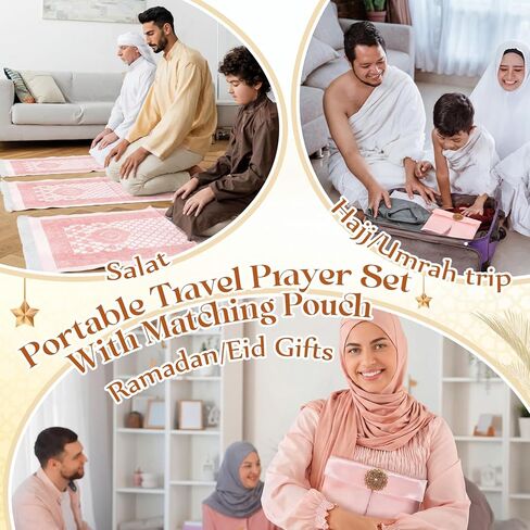 Dunzy 6 Sets Pink Muslim Prayer Mat Rug with Prayer Beads and Portable Bag Muslim Gift for Women Men, Tasbih, Janamaz, Mubarak Islamic Gift, Eid Ramadan Party, Sajadah for Ramadan Eid Hajj Travel Pray in Saudi Arabia