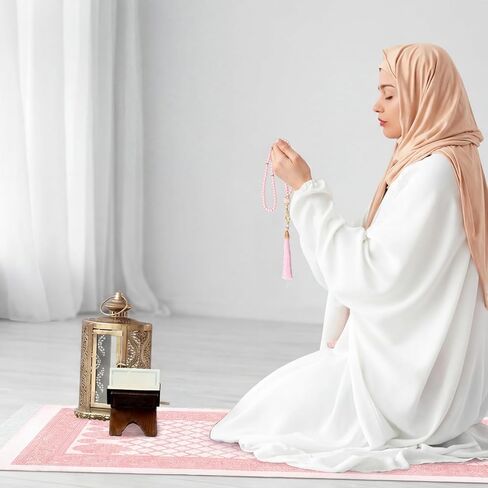 Dunzy 6 Sets Pink Muslim Prayer Mat Rug with Prayer Beads and Portable Bag Muslim Gift for Women Men, Tasbih, Janamaz, Mubarak Islamic Gift, Eid Ramadan Party, Sajadah for Ramadan Eid Hajj Travel Pray in Saudi Arabia