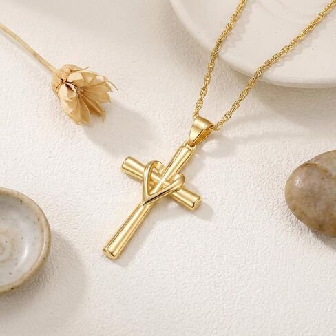 Cross Necklace for Women 14K Gold Cross Necklaces for Women Gold Crosses Chain Pendant Necklaces for Womens Heart Fusion Design Womens Crosses Necklace in Saudi Arabia