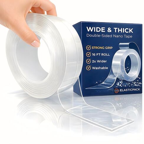 شريط مزدوج الجوانب شديد التحمل، شريط تثبيت شفاف بعرض إضافي 2 × 16 بوصة - شريط حائط قوي وقابل للإزالة للتعليق والسجاد والحرف اليدوية والديكور - قابل للغسل، نانو مقاوم للحرارة، 3 بوصات أساسية in Kuwait