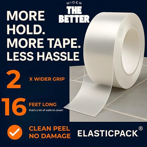 شريط مزدوج الجوانب شديد التحمل، شريط تثبيت شفاف بعرض إضافي 2 × 16 بوصة - شريط حائط قوي وقابل للإزالة للتعليق والسجاد والحرف اليدوية والديكور - قابل للغسل، نانو مقاوم للحرارة، 3 بوصات أساسية in Kuwait