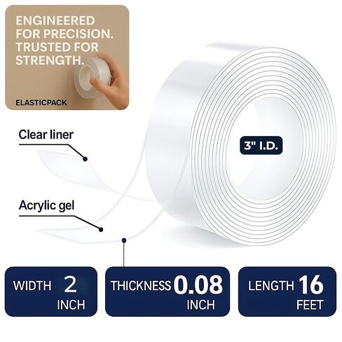 شريط مزدوج الجوانب شديد التحمل، شريط تثبيت شفاف بعرض إضافي 2 × 16 بوصة - شريط حائط قوي وقابل للإزالة للتعليق والسجاد والحرف اليدوية والديكور - قابل للغسل، نانو مقاوم للحرارة، 3 بوصات أساسية in Kuwait