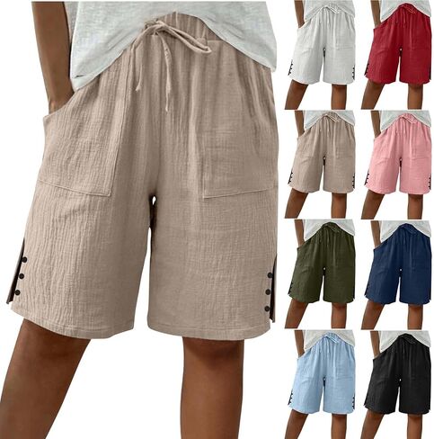 Womens Bermuda Shorts Summer Casual Wide Leg Knee Length High Waisted Cotton Long Shorts with Pockets Beach Outfits in Saudi Arabia
