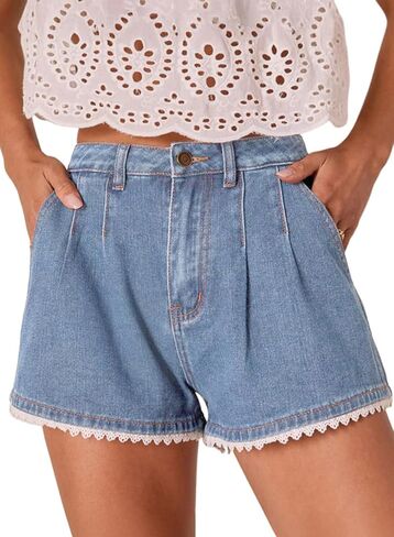 Dokotoo Denim Shorts for Women Scalloped Lace Trim Mid Rise Jean Shorts Pleated Wide Leg Stretchy Summer Hot Short in Saudi Arabia