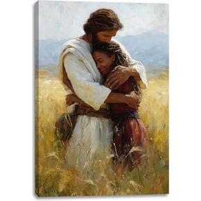 2D لا نسيج يسوع يحتضن المرأة السوداء قماش جدار ديكور فني، مسيحي آمن في ذراعيه ملصق اللوحة، يسوع يعانق صور فتاة سوداء لحائط غرفة المعيشة غرفة نوم الكنيسة ديكور المنزل 12 * 16 بوصة (قماش ممتد على إطار خشبي) in Kuwait