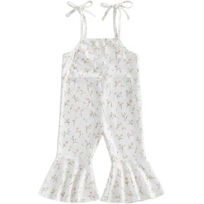 بذلة أطفال مضيئة منقوشة بطباعة منقوشة وكتف وواسعة الساق وزرة للأطفال الصغار مكشكشة بدون أكمام وحزام in Kuwait