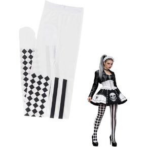 White Asymmetrical Harlequin & Stripe Pattern Tights – Bold Black-White Contrast Pantyhose for Women Halloween Cosplay Trendy Daily Wear in Saudi Arabia