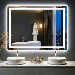 مرآة حمام LED مع أضواء - مقاومة للضباب، قابلة للتعتيم، إضاءة خلفية + إضاءة أمامية، 3 ألوان إضاءة - مرايا زينة مضاءة مقاس 40 بوصة × 30 بوصة للجدار، زجاج مقسى مقاوم للكسر، وظيفة الذاكرة in Kuwait