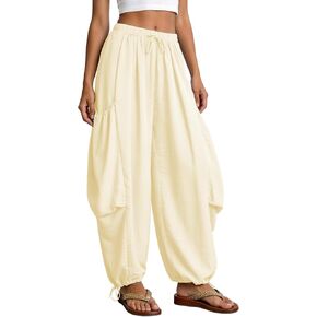 Womens Linen Wide Leg Pants with Drawstring Beach Boho Palazzo Harem Pants with Pockets Baggy Loose Pants for Women in Kuwait