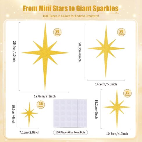 mixteach 100pcs giltter starburst القواطع الذهب ورقة الرجعية الذرية النجوم 4 أحجام التألق منتصف القرن الحديثة نجمة ديكور جدار الشارات لذكرى الزفاف حزب المنزل مدرسة مكتب ديكور in Saudi Arabia