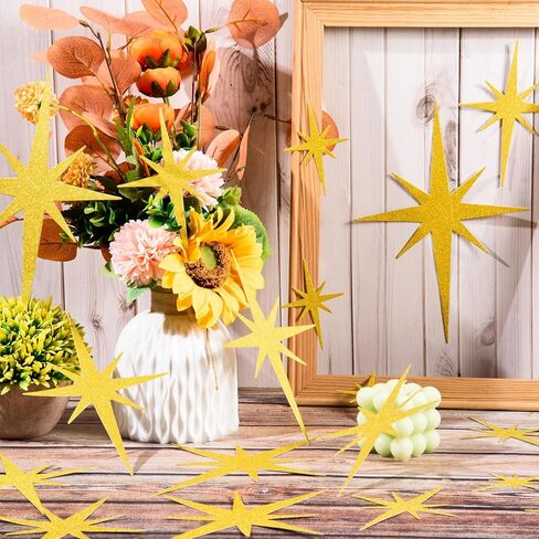 mixteach 100pcs giltter starburst القواطع الذهب ورقة الرجعية الذرية النجوم 4 أحجام التألق منتصف القرن الحديثة نجمة ديكور جدار الشارات لذكرى الزفاف حزب المنزل مدرسة مكتب ديكور in Saudi Arabia